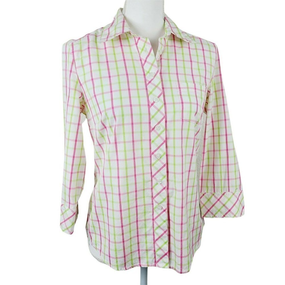 Lilly Pulitzer Size 2 Button Up Blouse 3/4 Sleeve Green Pink Plaid 100% Cotton